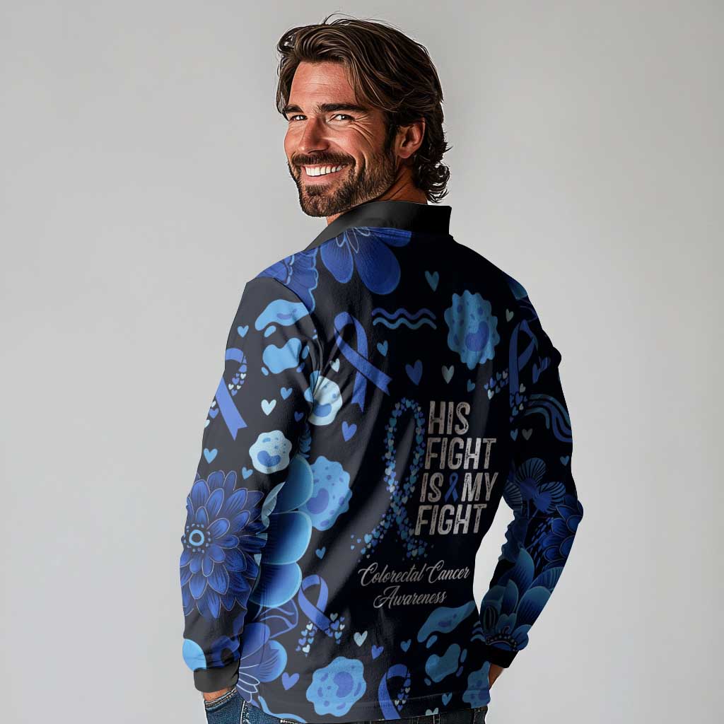 His Fight Is My Fight Colorectal Cancer Awareness Long Sleeve Polo Shirt Blue Ribbon Heart Pattern Illustration