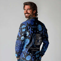 His Fight Is My Fight Colorectal Cancer Awareness Long Sleeve Polo Shirt Blue Ribbon Heart Pattern Illustration
