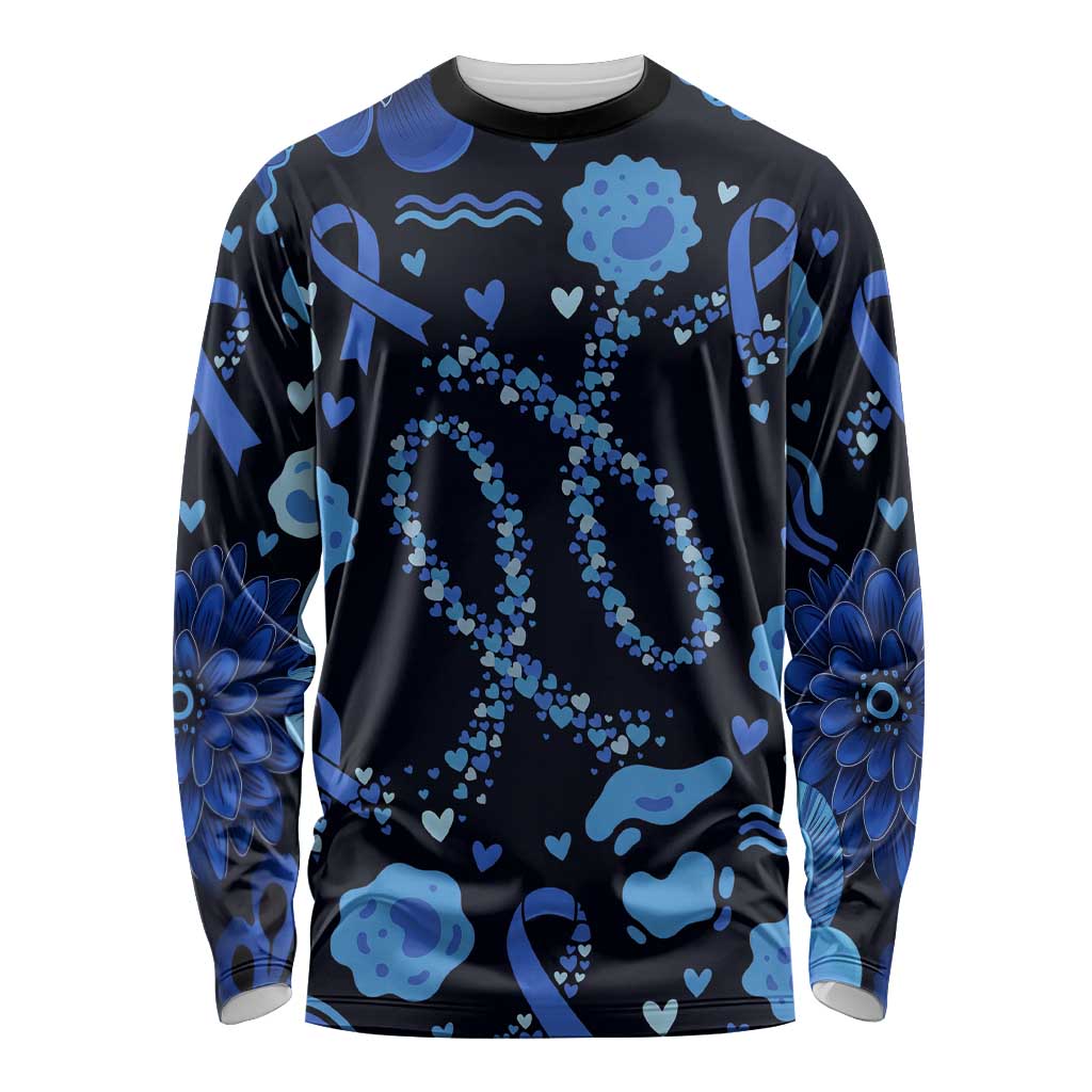 His Fight Is My Fight Colorectal Cancer Awareness Long Sleeve Shirt Blue Ribbon Heart Pattern Illustration