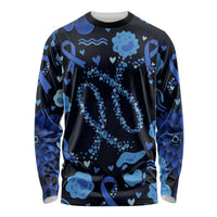 His Fight Is My Fight Colorectal Cancer Awareness Long Sleeve Shirt Blue Ribbon Heart Pattern Illustration