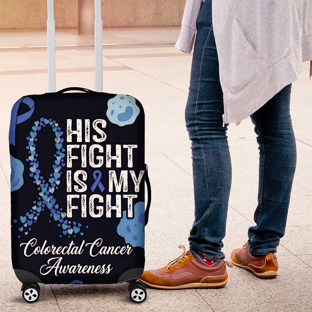 His Fight Is My Fight Colorectal Cancer Awareness Luggage Cover Blue Ribbon Heart Pattern Illustration
