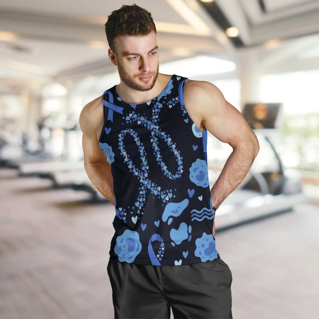 His Fight Is My Fight Colorectal Cancer Awareness Men Tank Top Blue Ribbon Heart Pattern Illustration