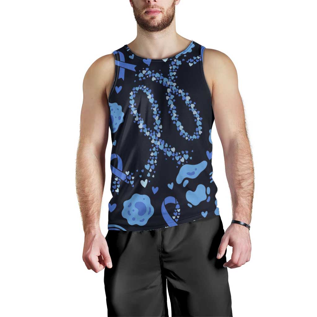 His Fight Is My Fight Colorectal Cancer Awareness Men Tank Top Blue Ribbon Heart Pattern Illustration