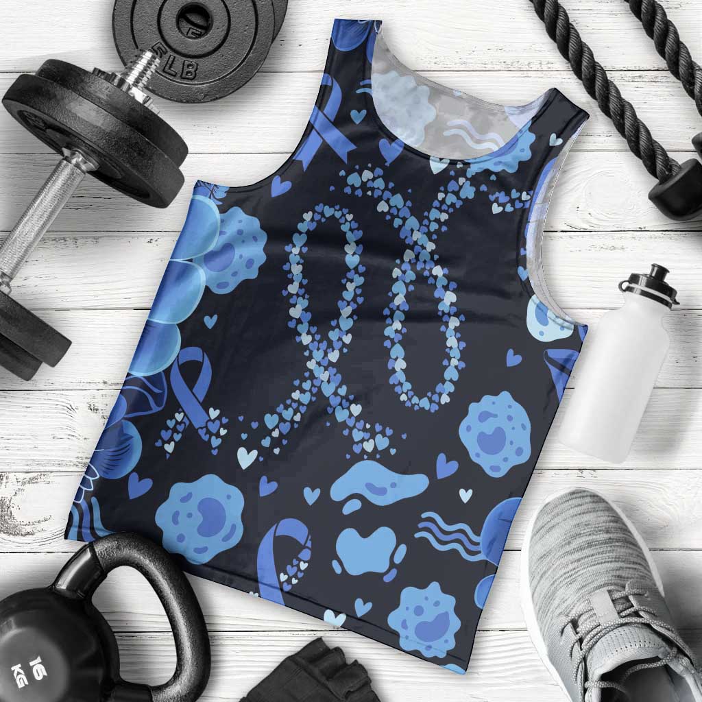 His Fight Is My Fight Colorectal Cancer Awareness Men Tank Top Blue Ribbon Heart Pattern Illustration