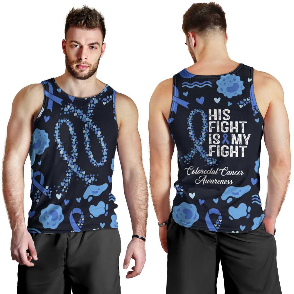 His Fight Is My Fight Colorectal Cancer Awareness Men Tank Top Blue Ribbon Heart Pattern Illustration