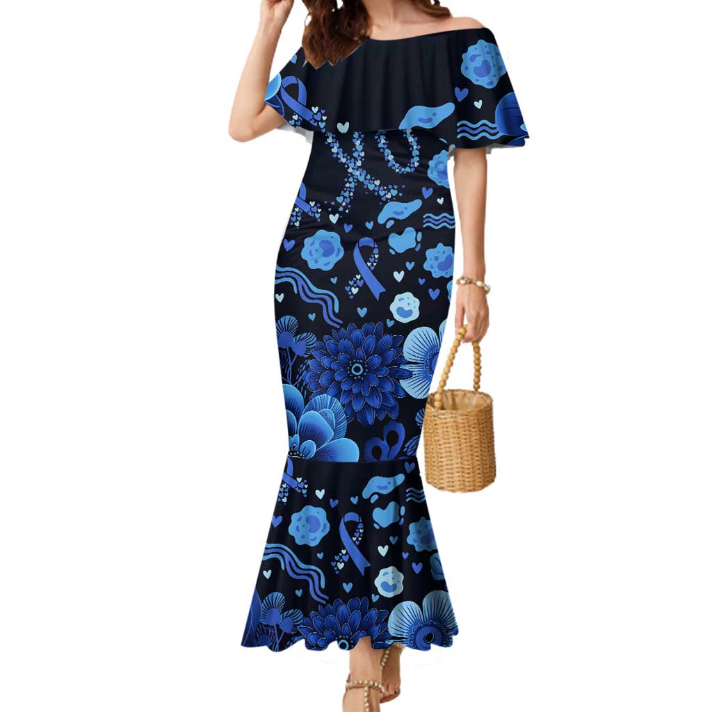 His Fight Is My Fight Colorectal Cancer Awareness Mermaid Dress Blue Ribbon Heart Pattern Illustration