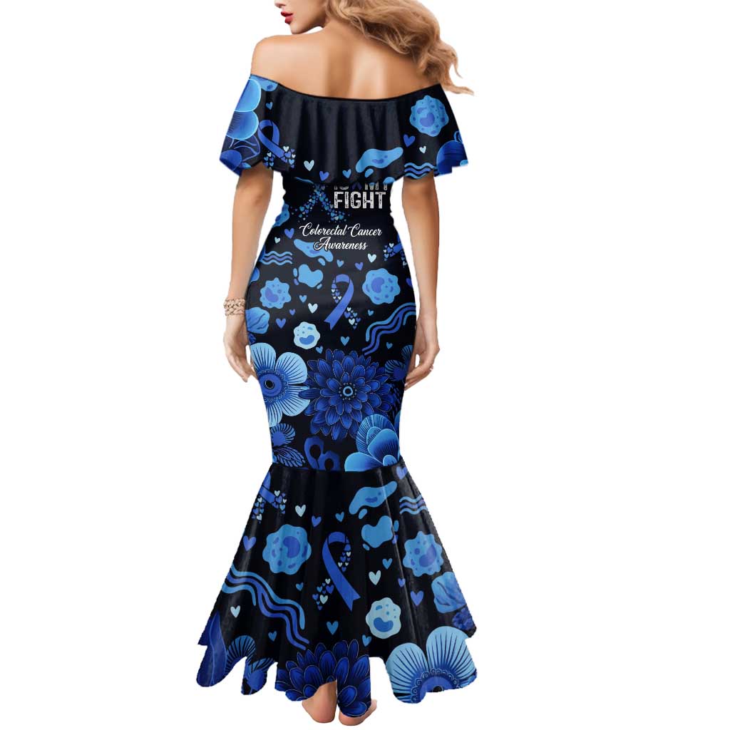 His Fight Is My Fight Colorectal Cancer Awareness Mermaid Dress Blue Ribbon Heart Pattern Illustration