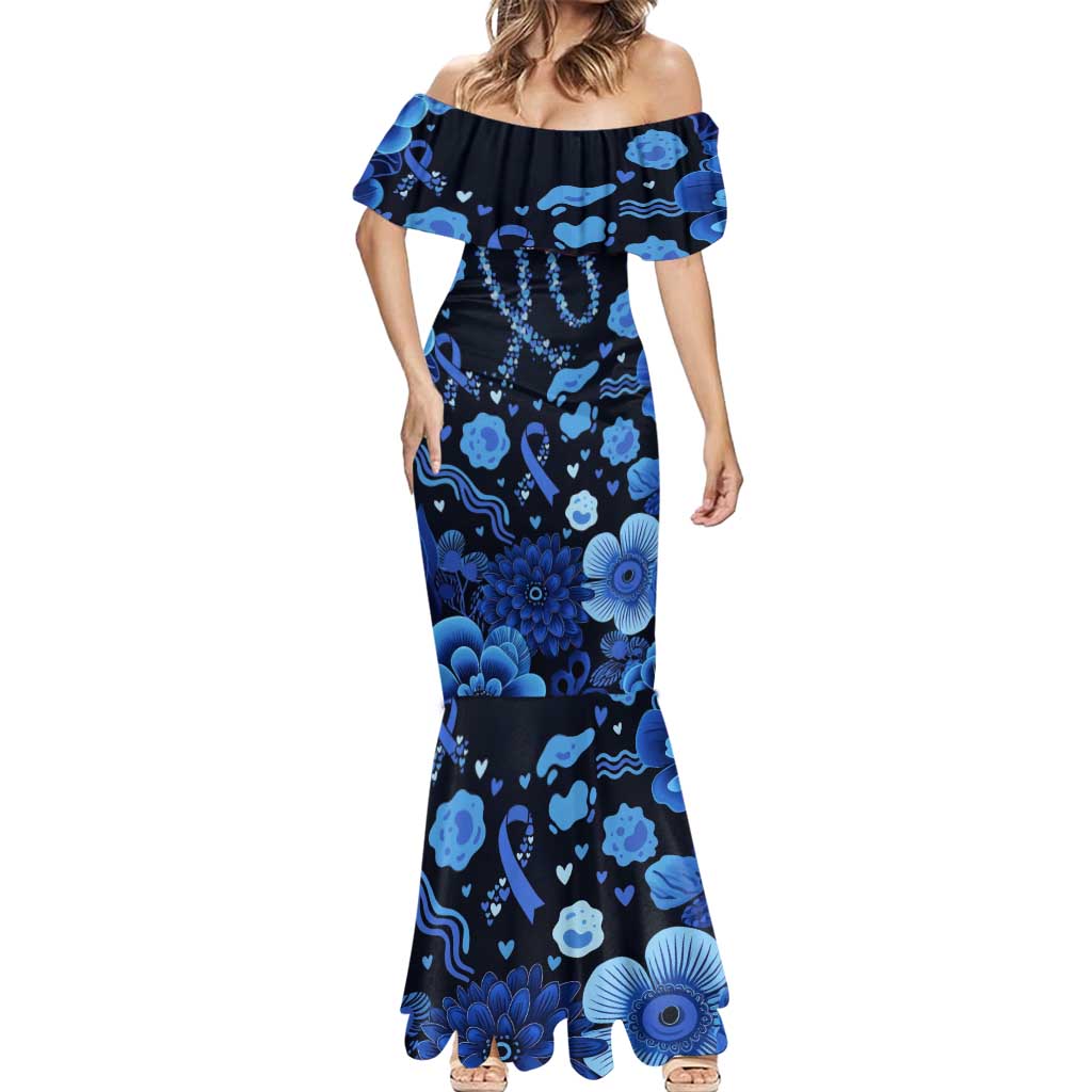 His Fight Is My Fight Colorectal Cancer Awareness Mermaid Dress Blue Ribbon Heart Pattern Illustration