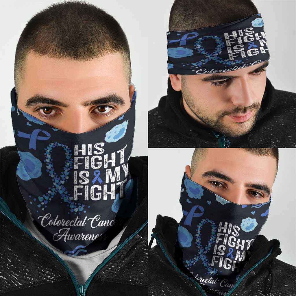 His Fight Is My Fight Colorectal Cancer Awareness Neck Gaiter Blue Ribbon Heart Pattern Illustration