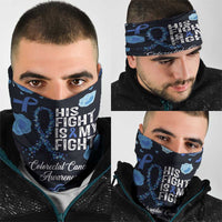 His Fight Is My Fight Colorectal Cancer Awareness Neck Gaiter Blue Ribbon Heart Pattern Illustration