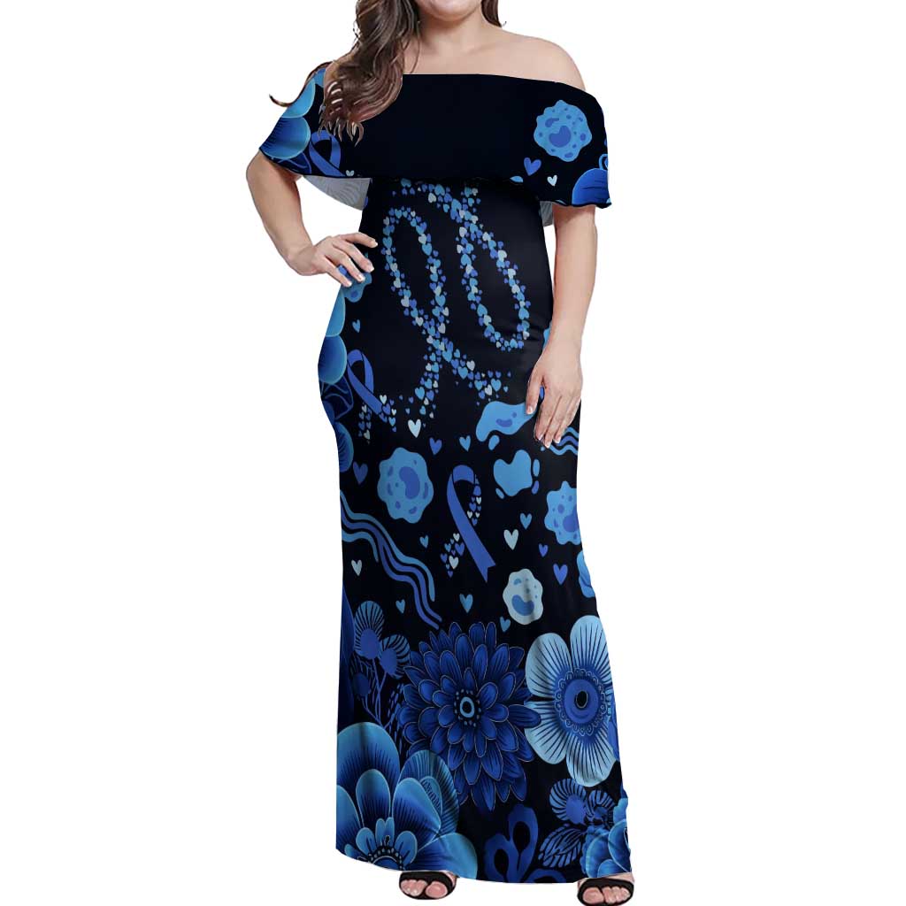 His Fight Is My Fight Colorectal Cancer Awareness Off Shoulder Maxi Dress Blue Ribbon Heart Pattern Illustration