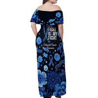 His Fight Is My Fight Colorectal Cancer Awareness Off Shoulder Maxi Dress Blue Ribbon Heart Pattern Illustration