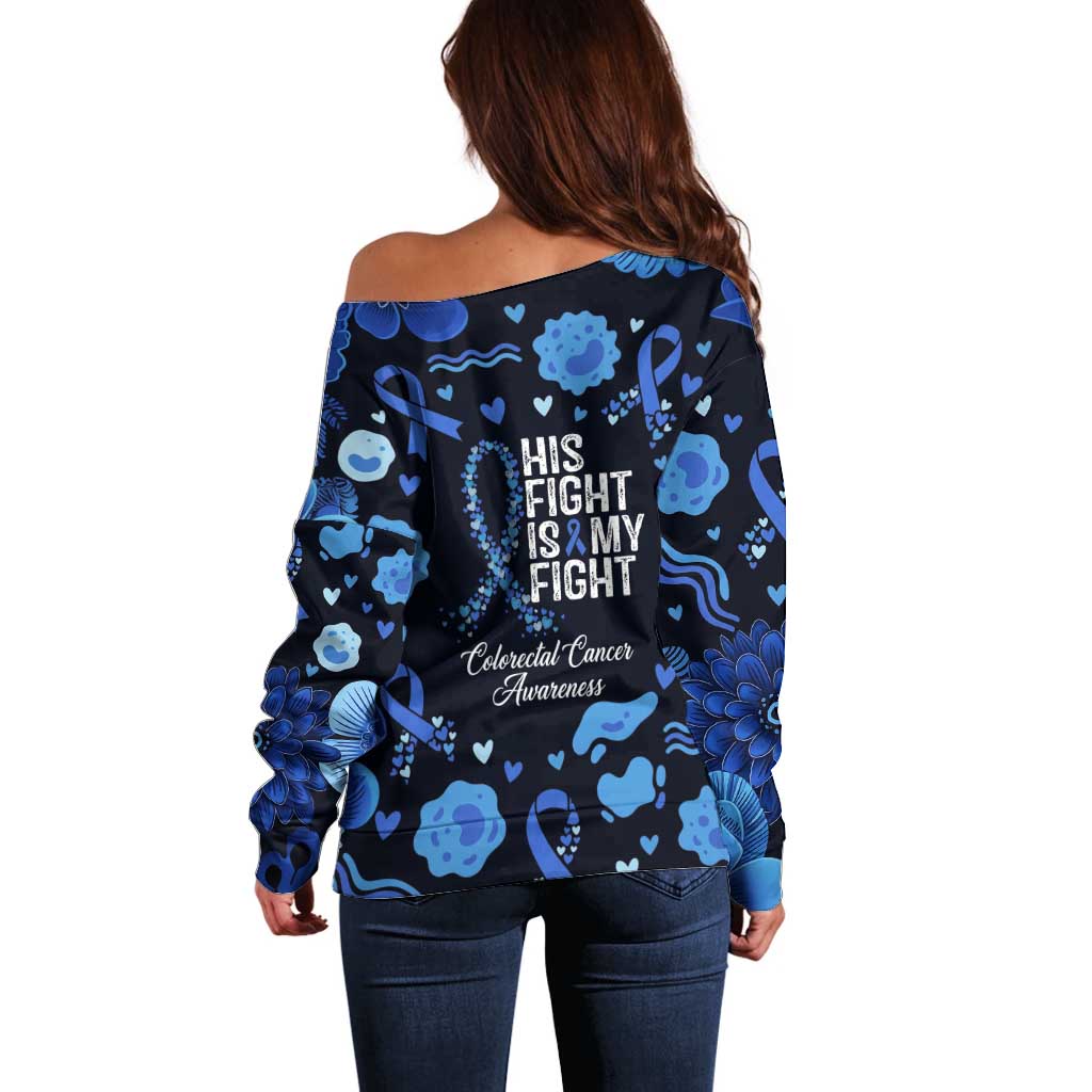 His Fight Is My Fight Colorectal Cancer Awareness Off Shoulder Sweater Blue Ribbon Heart Pattern Illustration