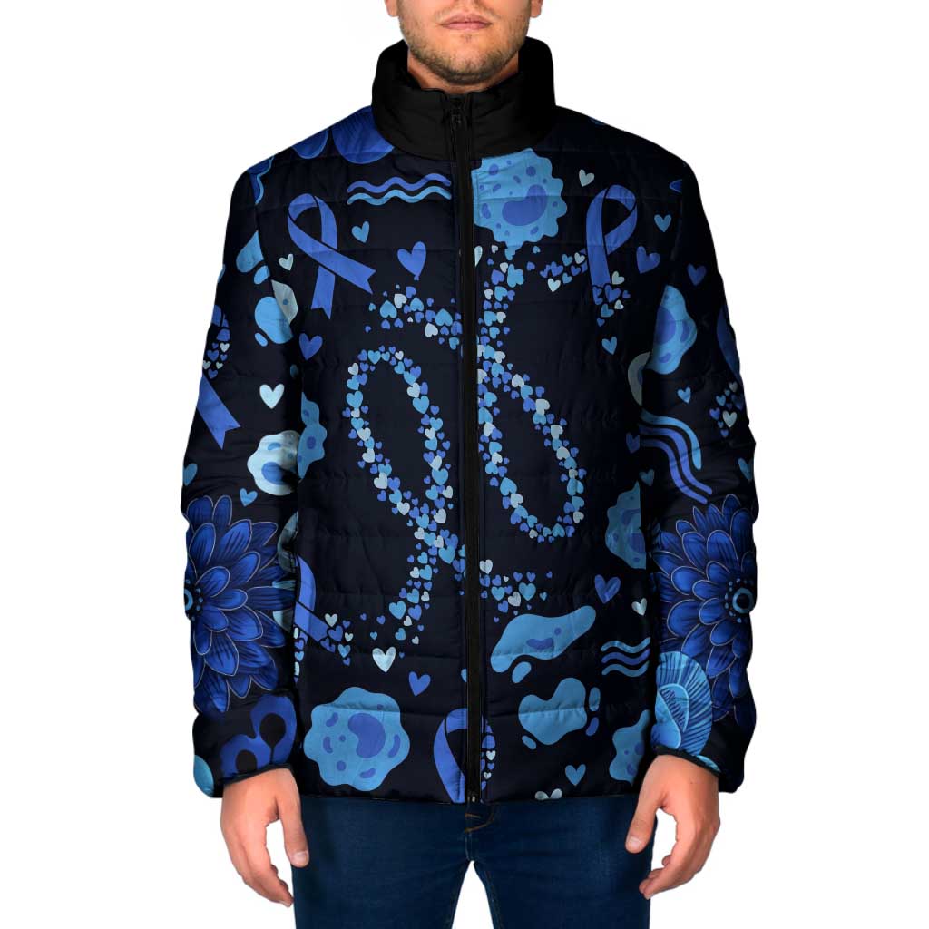 His Fight Is My Fight Colorectal Cancer Awareness Padded Jacket Blue Ribbon Heart Pattern Illustration