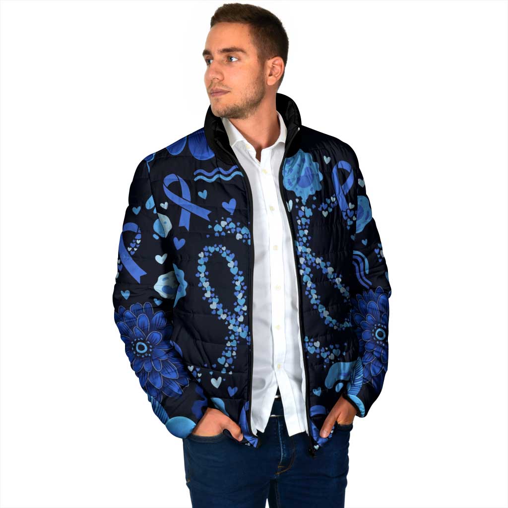 His Fight Is My Fight Colorectal Cancer Awareness Padded Jacket Blue Ribbon Heart Pattern Illustration