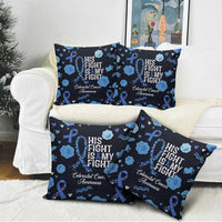 His Fight Is My Fight Colorectal Cancer Awareness Pillow Cover Blue Ribbon Heart Pattern Illustration