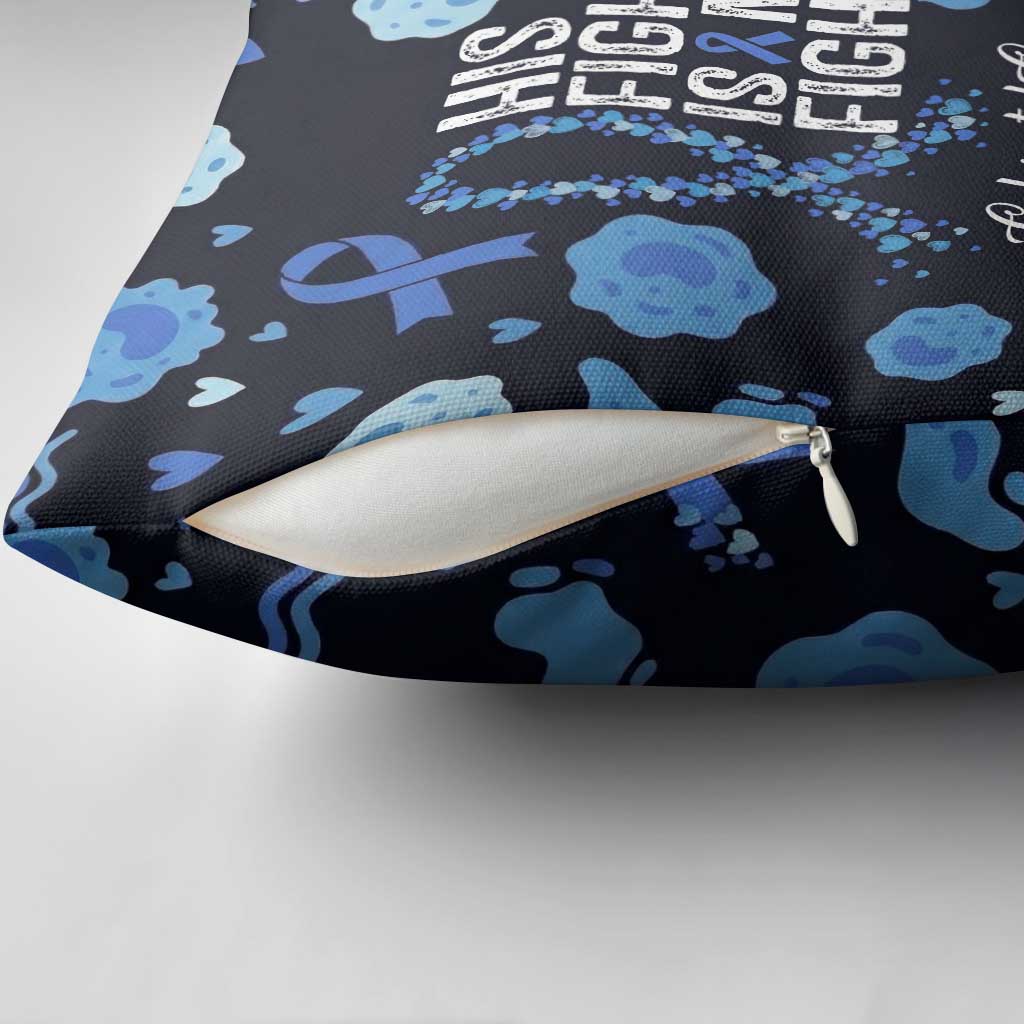 His Fight Is My Fight Colorectal Cancer Awareness Pillow Cover Blue Ribbon Heart Pattern Illustration