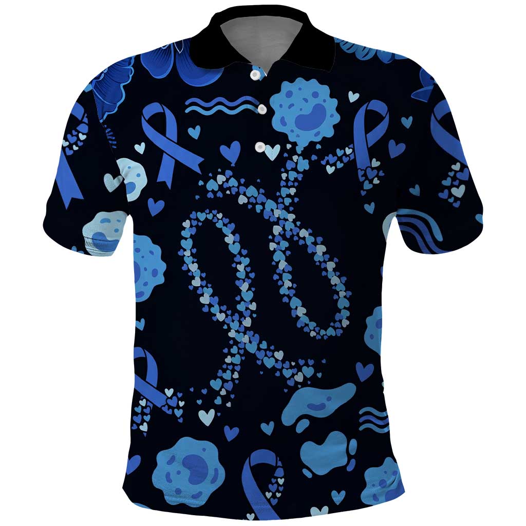 His Fight Is My Fight Colorectal Cancer Awareness Polo Shirt Blue Ribbon Heart Pattern Illustration