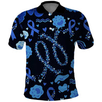 His Fight Is My Fight Colorectal Cancer Awareness Polo Shirt Blue Ribbon Heart Pattern Illustration