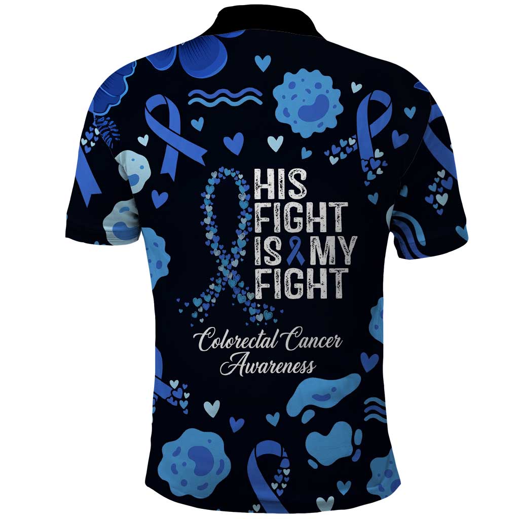 His Fight Is My Fight Colorectal Cancer Awareness Polo Shirt Blue Ribbon Heart Pattern Illustration