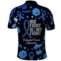 His Fight Is My Fight Colorectal Cancer Awareness Polo Shirt Blue Ribbon Heart Pattern Illustration