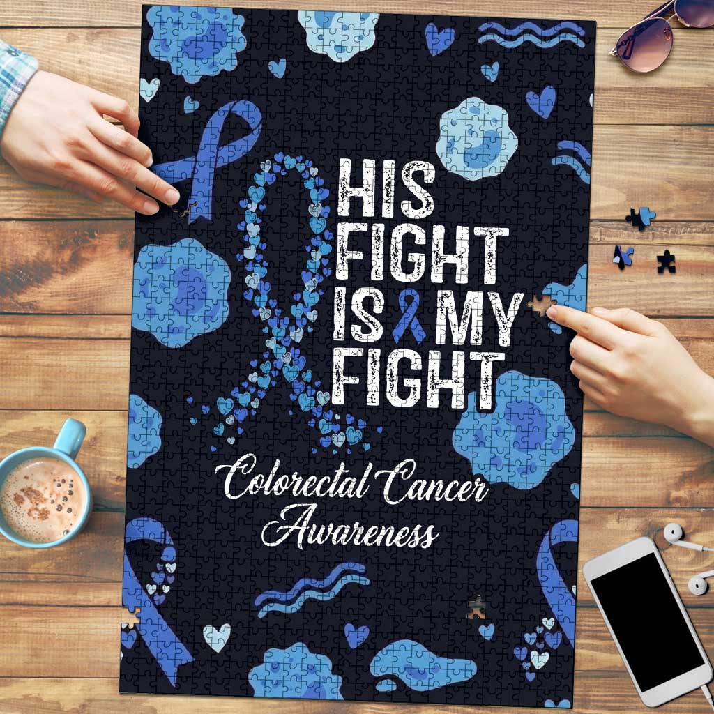 His Fight Is My Fight Colorectal Cancer Awareness Puzzle Blue Ribbon Heart Pattern Illustration