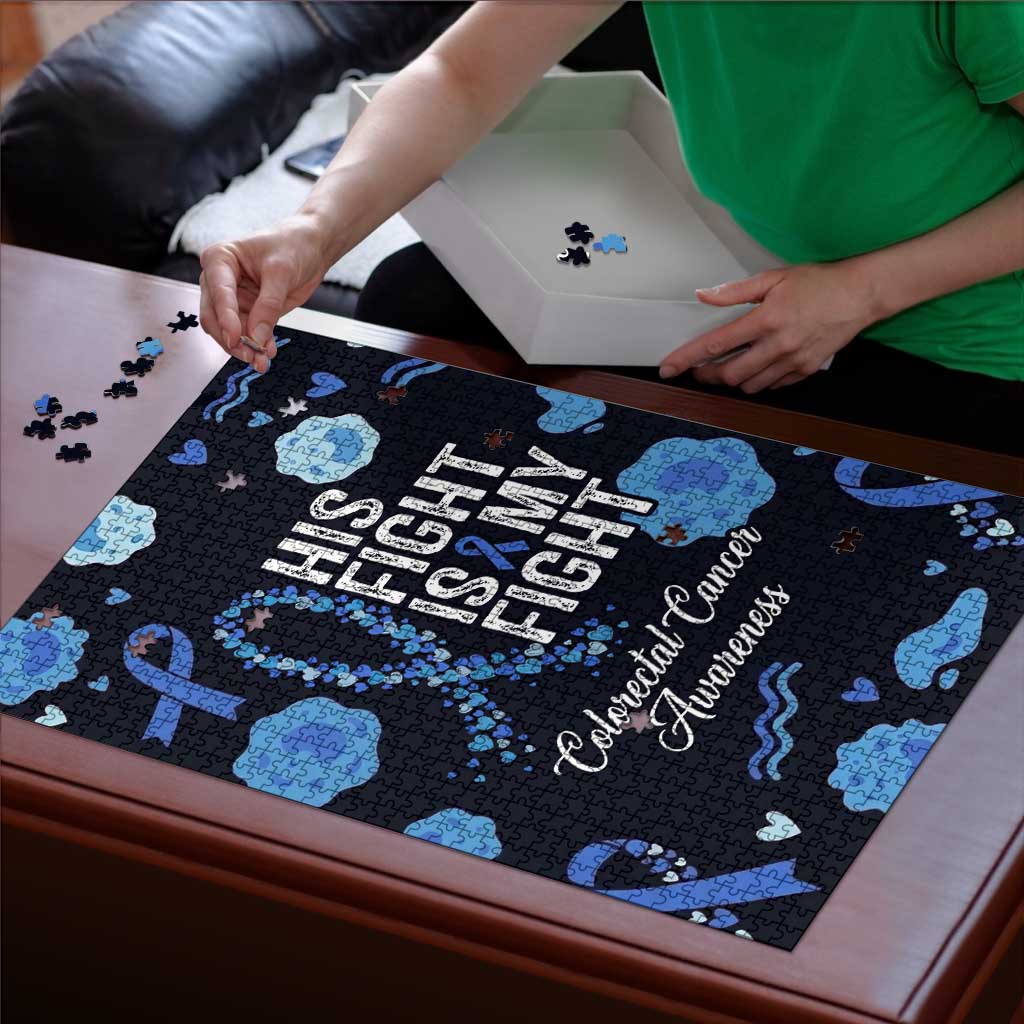 His Fight Is My Fight Colorectal Cancer Awareness Puzzle Blue Ribbon Heart Pattern Illustration