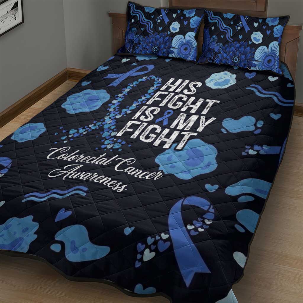 His Fight Is My Fight Colorectal Cancer Awareness Quilt Bed Set Blue Ribbon Heart Pattern Illustration