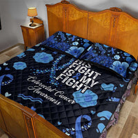 His Fight Is My Fight Colorectal Cancer Awareness Quilt Bed Set Blue Ribbon Heart Pattern Illustration