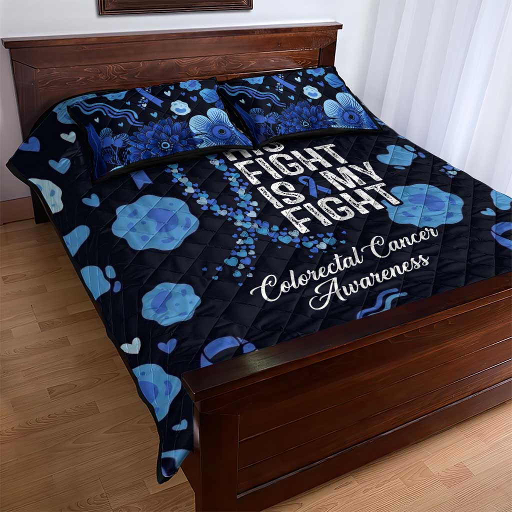 His Fight Is My Fight Colorectal Cancer Awareness Quilt Bed Set Blue Ribbon Heart Pattern Illustration