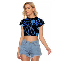 His Fight Is My Fight Colorectal Cancer Awareness Raglan Cropped T Shirt Blue Ribbon Heart Pattern Illustration