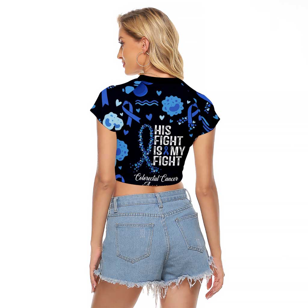 His Fight Is My Fight Colorectal Cancer Awareness Raglan Cropped T Shirt Blue Ribbon Heart Pattern Illustration