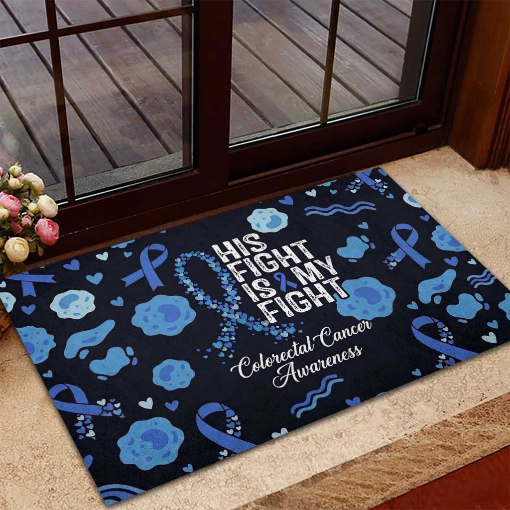 His Fight Is My Fight Colorectal Cancer Awareness Rubber Doormat Blue Ribbon Heart Pattern Illustration
