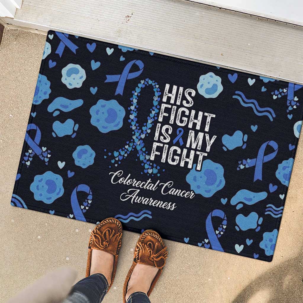 His Fight Is My Fight Colorectal Cancer Awareness Rubber Doormat Blue Ribbon Heart Pattern Illustration