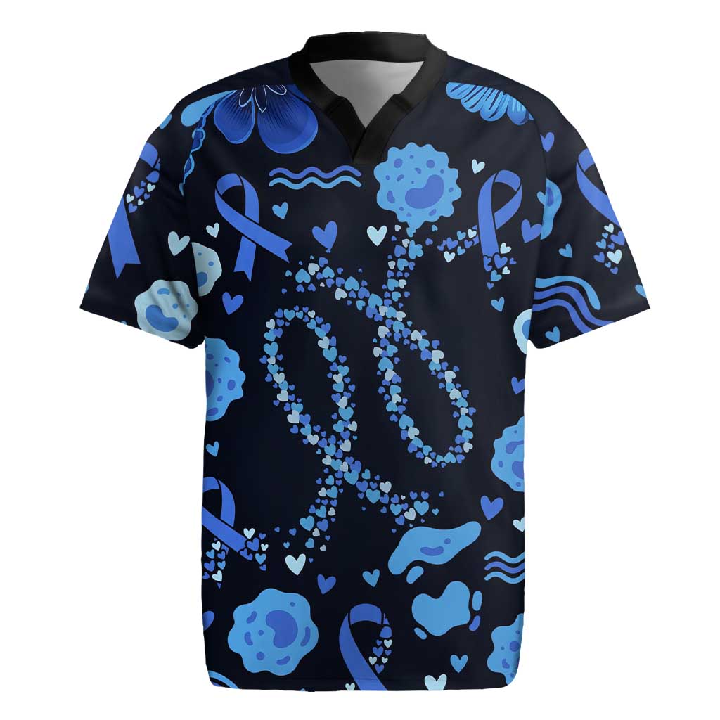 His Fight Is My Fight Colorectal Cancer Awareness Rugby Jersey Blue Ribbon Heart Pattern Illustration