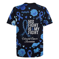 His Fight Is My Fight Colorectal Cancer Awareness Rugby Jersey Blue Ribbon Heart Pattern Illustration