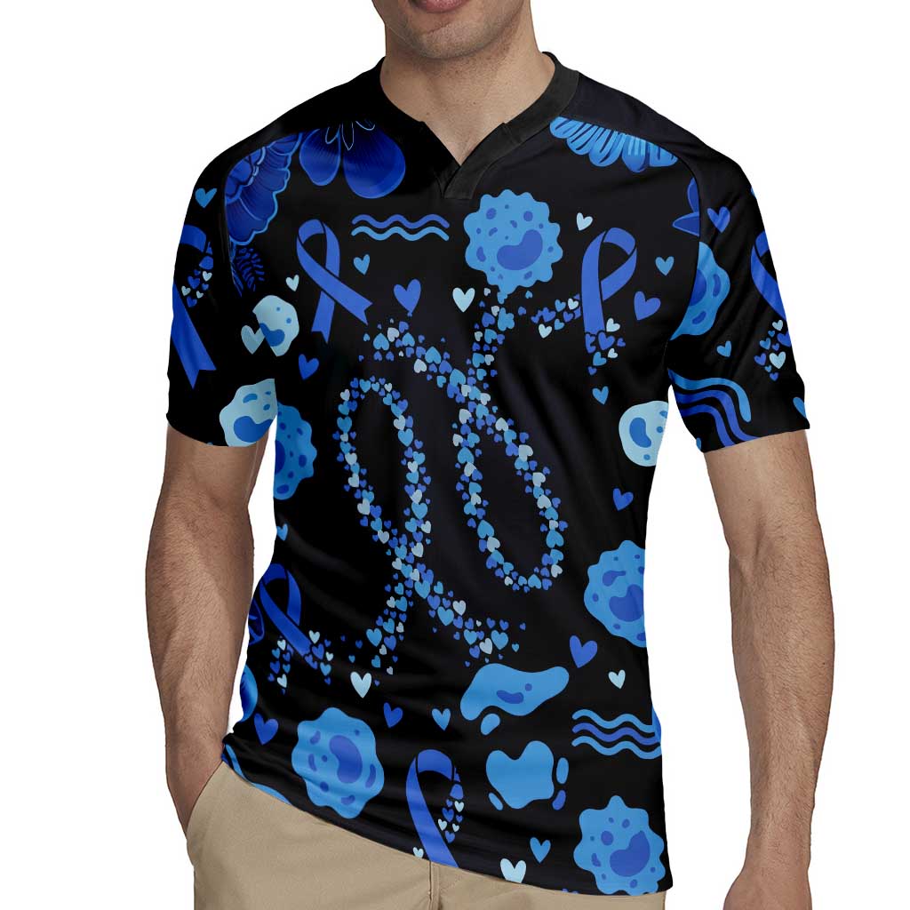 His Fight Is My Fight Colorectal Cancer Awareness Rugby Jersey Blue Ribbon Heart Pattern Illustration