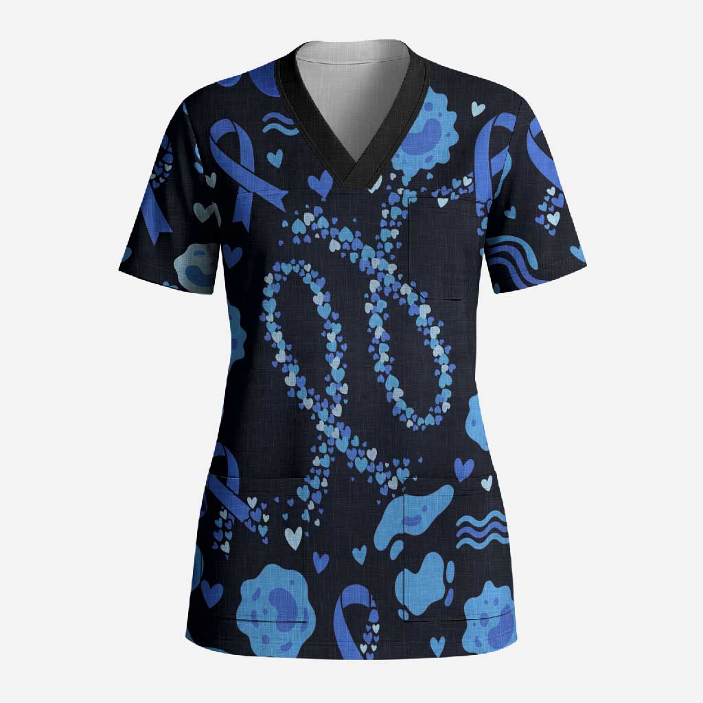 His Fight Is My Fight Colorectal Cancer Awareness Scrub Top Blue Ribbon Heart Pattern Illustration