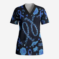 His Fight Is My Fight Colorectal Cancer Awareness Scrub Top Blue Ribbon Heart Pattern Illustration