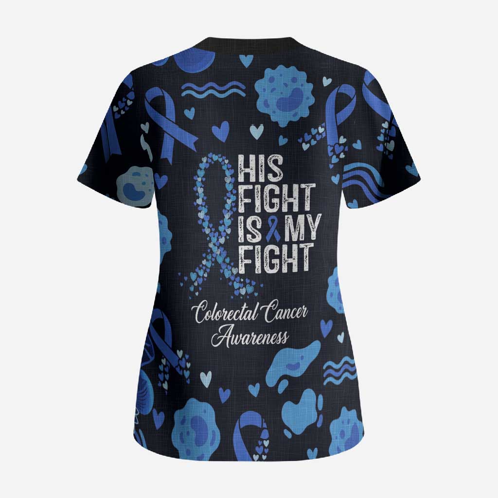 His Fight Is My Fight Colorectal Cancer Awareness Scrub Top Blue Ribbon Heart Pattern Illustration