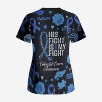 His Fight Is My Fight Colorectal Cancer Awareness Scrub Top Blue Ribbon Heart Pattern Illustration