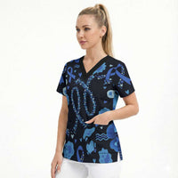 His Fight Is My Fight Colorectal Cancer Awareness Scrub Top Blue Ribbon Heart Pattern Illustration