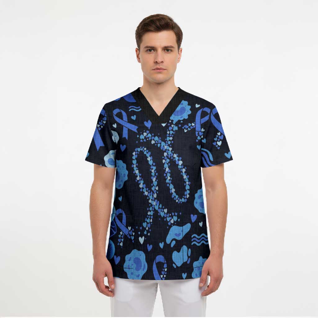 His Fight Is My Fight Colorectal Cancer Awareness Scrub Top Blue Ribbon Heart Pattern Illustration