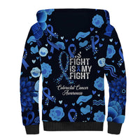 His Fight Is My Fight Colorectal Cancer Awareness Sherpa Hoodie Blue Ribbon Heart Pattern Illustration