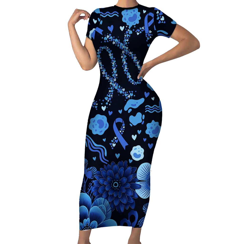 His Fight Is My Fight Colorectal Cancer Awareness Short Sleeve Bodycon Dress Blue Ribbon Heart Pattern Illustration