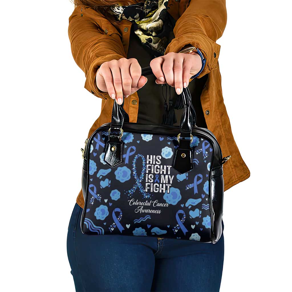 His Fight Is My Fight Colorectal Cancer Awareness Shoulder Handbag Blue Ribbon Heart Pattern Illustration