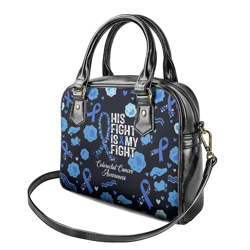 His Fight Is My Fight Colorectal Cancer Awareness Shoulder Handbag Blue Ribbon Heart Pattern Illustration
