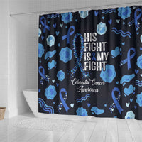 His Fight Is My Fight Colorectal Cancer Awareness Shower Curtain Blue Ribbon Heart Pattern Illustration
