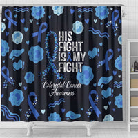 His Fight Is My Fight Colorectal Cancer Awareness Shower Curtain Blue Ribbon Heart Pattern Illustration