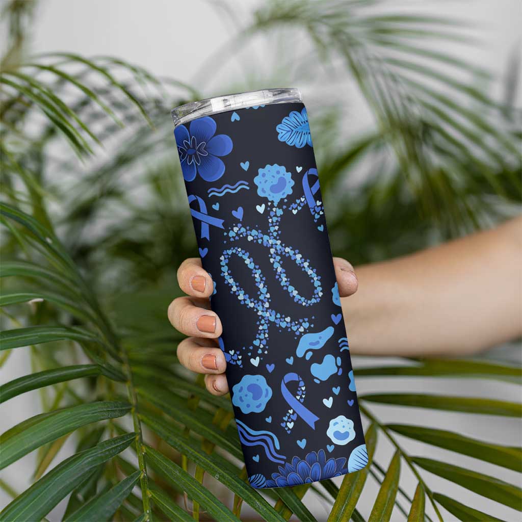 His Fight Is My Fight Colorectal Cancer Awareness Skinny Tumbler Blue Ribbon Heart Pattern Illustration